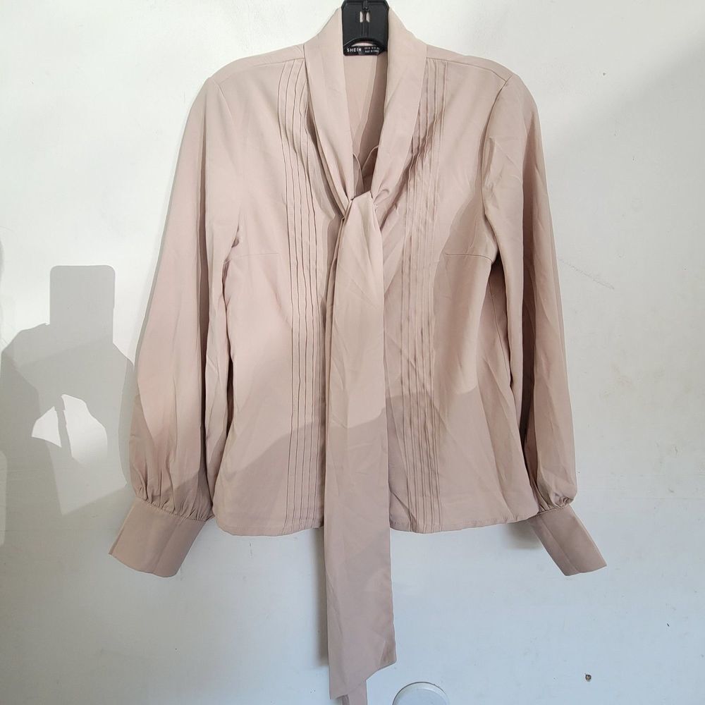 Shein Secretary Bow Tie Front Pleated Detail Button Front Long Sleeve Blouse XS